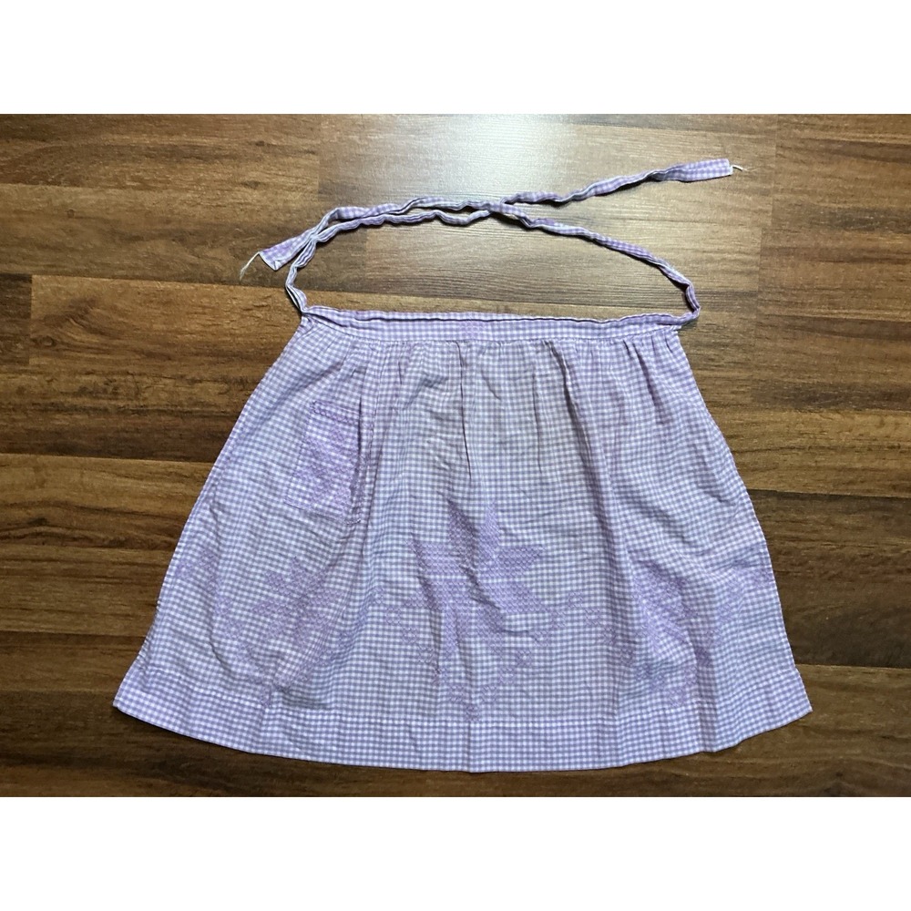 Handmade Light Purple & White Gingham Cross Stitch Half Apron W/1 Waist Pocket